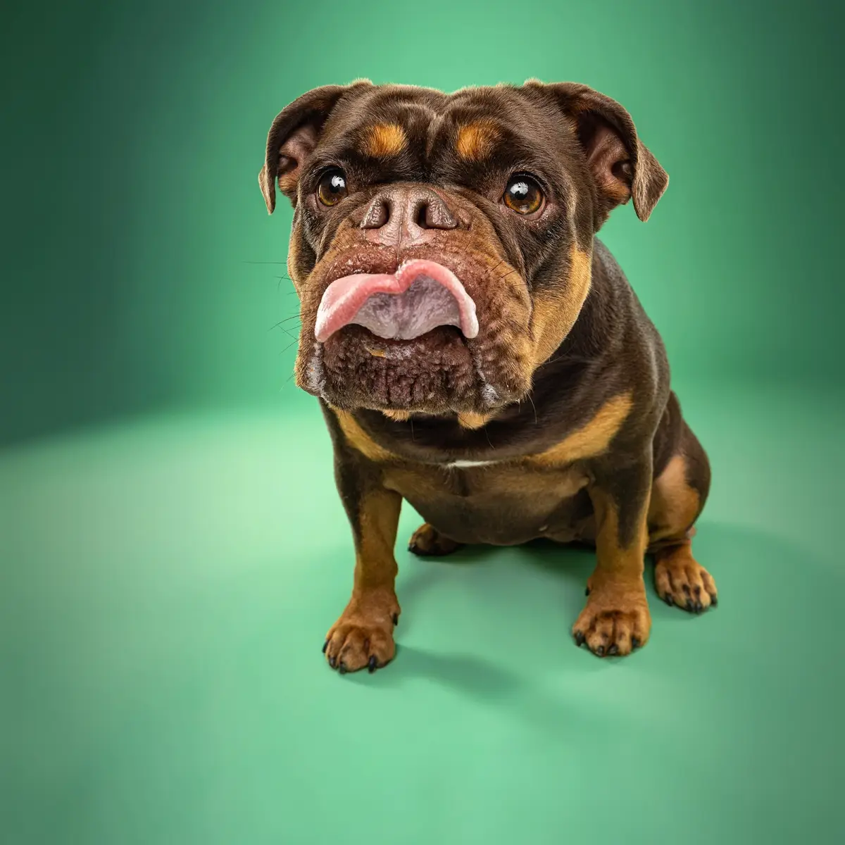 Cookie der alt englische Bulldogge zeigt zunge